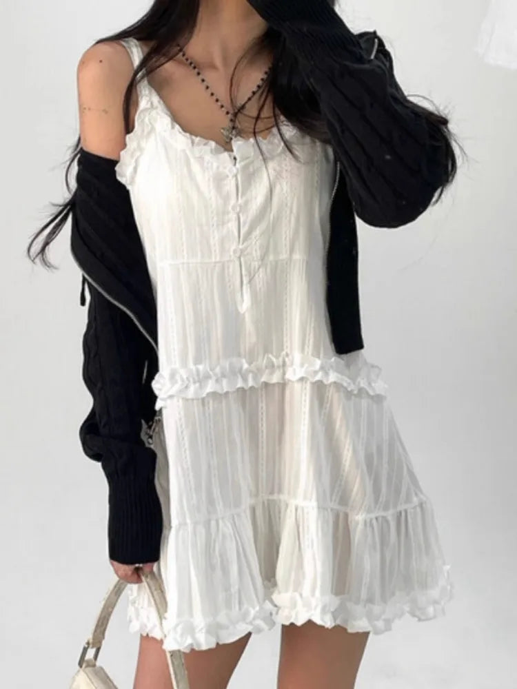 Aiertu  -  Vintage Sweet Patchwork White Vest Dresses Summer New Fungus Camisole Dress for Women Y2k Sleeveless Loose Vestidos Mujer Aiertu