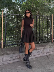 Aiertu  -  Women Fashion Solid Pleated A-Line Back Zipper Mini Dress Vintage O-Neck Sleeveless Female Chic Lady Dresses Aiertu