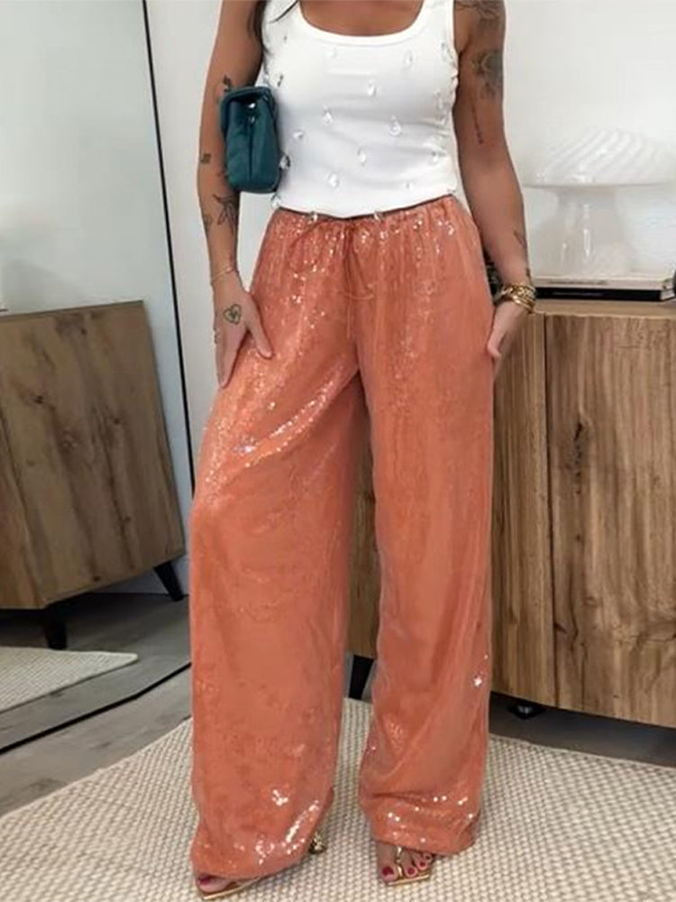 Aiertu  Loose Solid Color Sequin Pants Woman Cinched Waist Glitter Straight Baggy Long Pants Casual Street Chic Sparkle Women's Trousers Aiertu