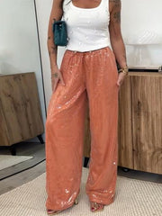 Aiertu  Loose Solid Color Sequin Pants Woman Cinched Waist Glitter Straight Baggy Long Pants Casual Street Chic Sparkle Women's Trousers Aiertu