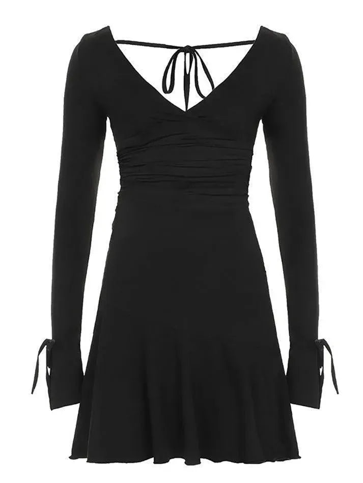 Aiertu  -Backless Tie V-Neck Bow Split Long Sleeve Dress aiertu