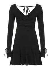 Aiertu  -Backless Tie V-Neck Bow Split Long Sleeve Dress aiertu