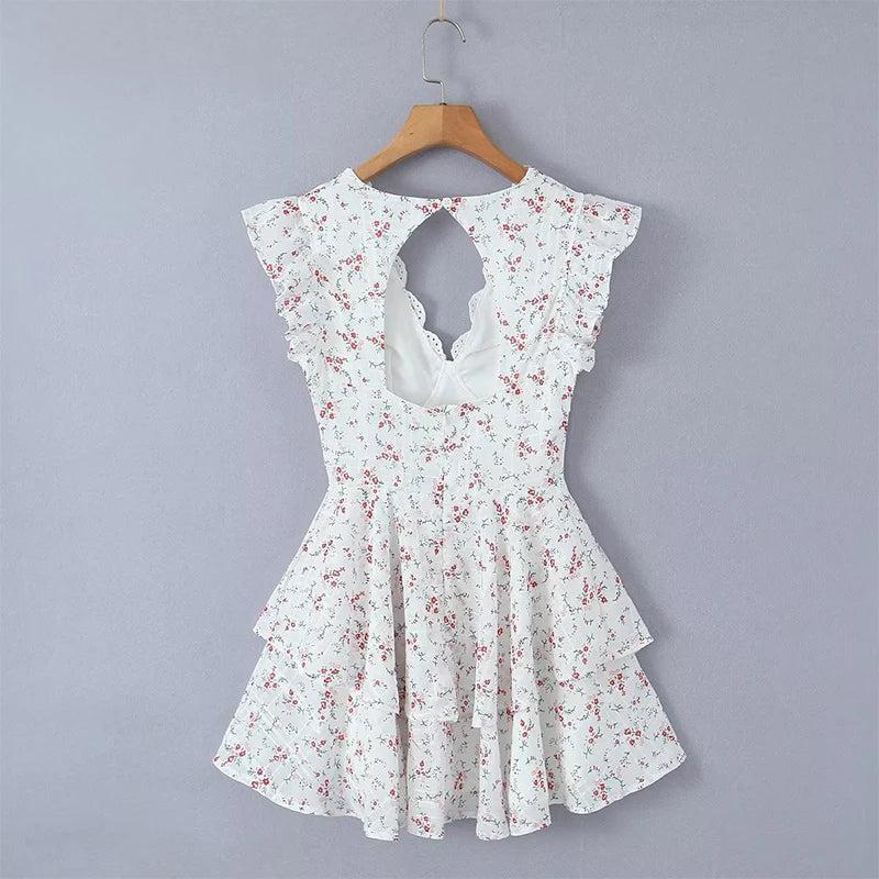 Aiertu  -  Summer Women Lace Embroidery Spliced Flying Sleeve V Neck Floral Print Mini Dresses Aiertu