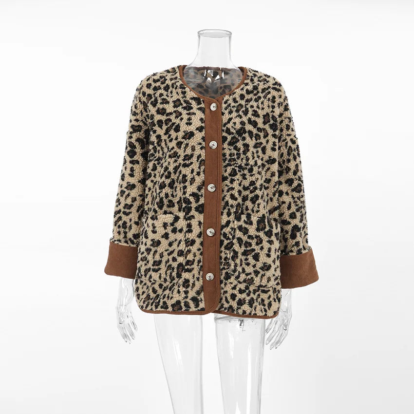 Aiertu  -  Leopard Polar Fleece Warm Jacket Women Autumn Single Breasted Long Sleeve Outerwear Streetwear Fashion Patchwork Jackets 2026 Aiertu