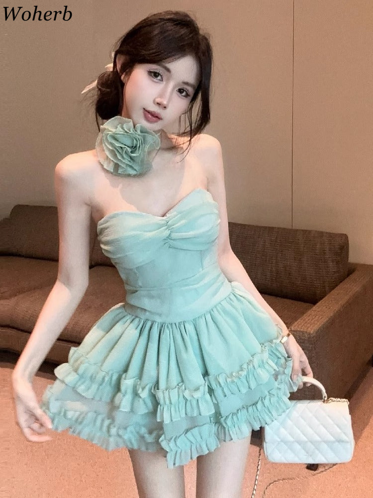 Aiertu  All Match Sweet Strapless Dresses for Women Slim Waist A-line Pleated Fashion Korean Dress 2025 Summer Party Cake Mini Vestidos aliexpress