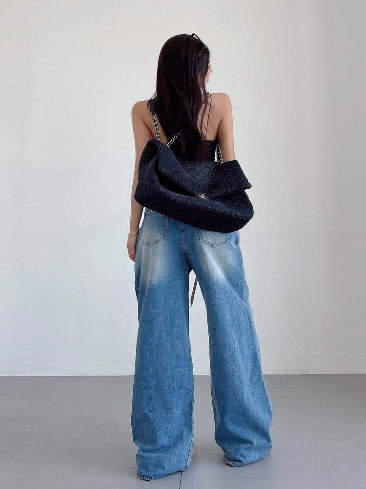 Aiertu Denim Blue Washed Low Rise Straight Leg Jeans Pants Aiertu