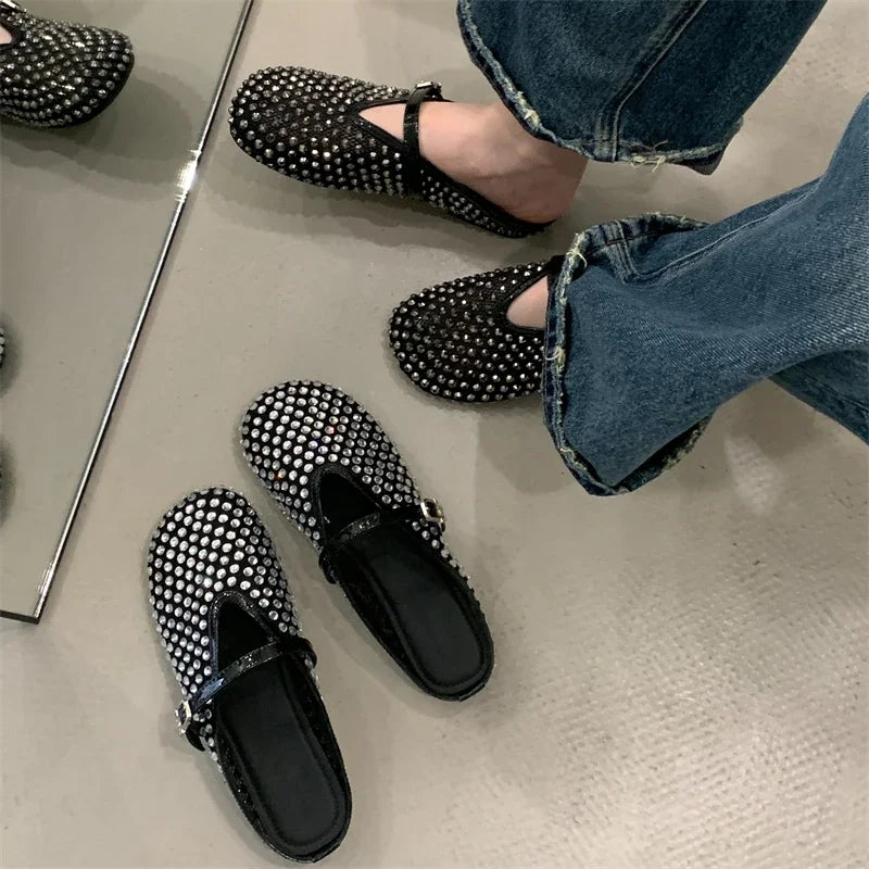 Aiertu  -   Fashion Design Crystal Rhinestone Round Toe Buckle Strap Mules Slippers Women Elegant Low Heels Casual Party Dress Shoes Aiertu