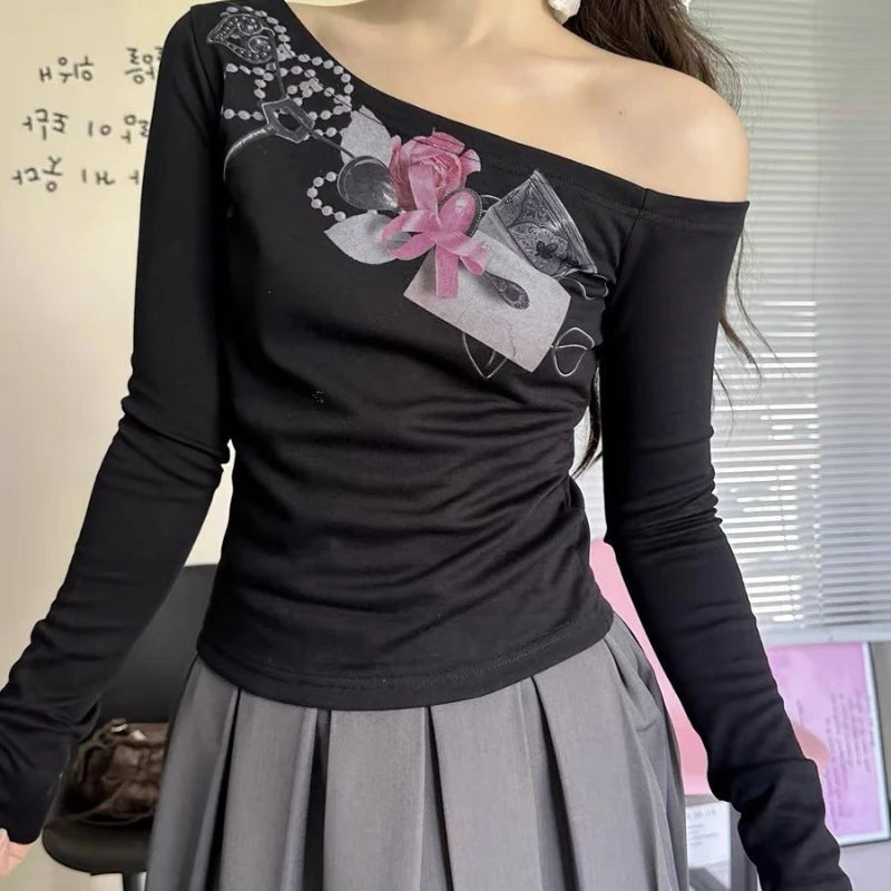 Aiertu  -  Y2k Aesthetic Printing Women Casual T-shirt Vintage Skew Collar Off Shoulder Streetwear Tshirts Harajuku Slim Fit Grunge Tees Aiertu