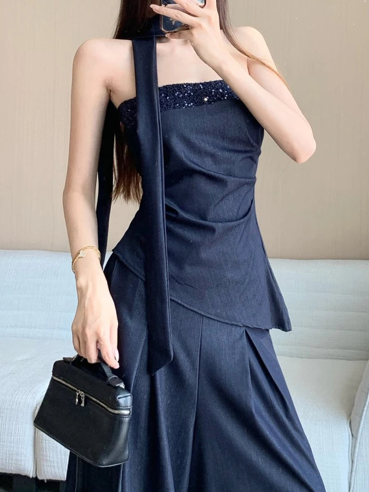 Aiertu  -  Advanced retro Tencel denim suit women's summer fashion sequin strapless top high waist wide leg pants skirt two-piece set Aiertu
