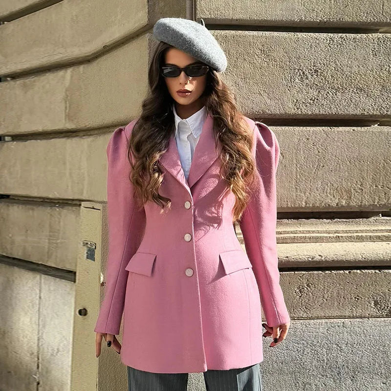 Aiertu  -  Puffed Sleeve Suit Coat Jacket Pink Heart-Shaped Elbow Waist Cinched Slimming Overcoat Commuter Casual Women Elegant Outwear Top Aiertu