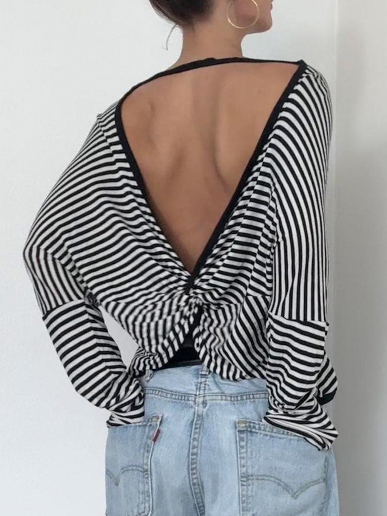 Aiertu - summer inspo Twist Backless Loose Casual Stripe Long Sleeve T Shirt Women Contrast Binding O Neck Minimalist Pullover Tops Aiertu