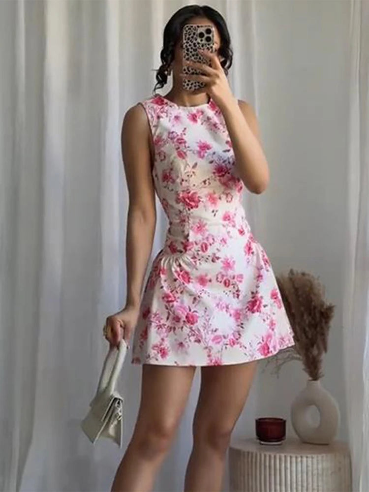 Aiertu  -  Sweet Printed Party Dress Women O-neck Sleeveless Pleated A-line Mini Dresses Female 2025 Spring Summer Fashion Print Lady Robe Aiertu