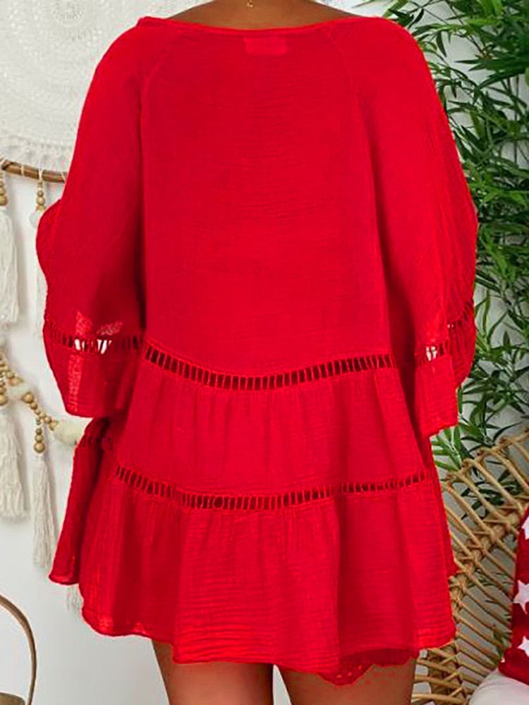Aiertu  Women Hollow Out Cotton Linen Mini Top Dress 2025  Summer V Neck Flared Sleeve Loose Irregular Dress Woman Casual Beach Dresses Aiertu