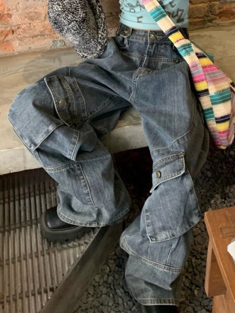Aiertu  -  Streetwear Y2k Jeans Women Harajuku Vintage Baggy Pants Oversize Hip Hop Loose Cargo Trousers Denim Distressed Aiertu