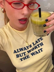 Aiertu  -  Y2K Light Yellow T-shirts for Women 2026 Summer O-neck Short Sleeve Letter Print Slim T Shirt Streetwear Girls Tees Crop Tops Aiertu