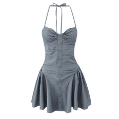 Aiertu  -  Sexy Backless Gray Striped Halter Mini Dress Women Front Button Low Waist Fit And Flare Slim Dress Summer Robe New 2025 Aiertu