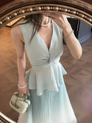 Aiertu  -  High-end temperament elegant set women spring summer V-neck sleeveless top pleated half body long skirt two-piece set Aiertu