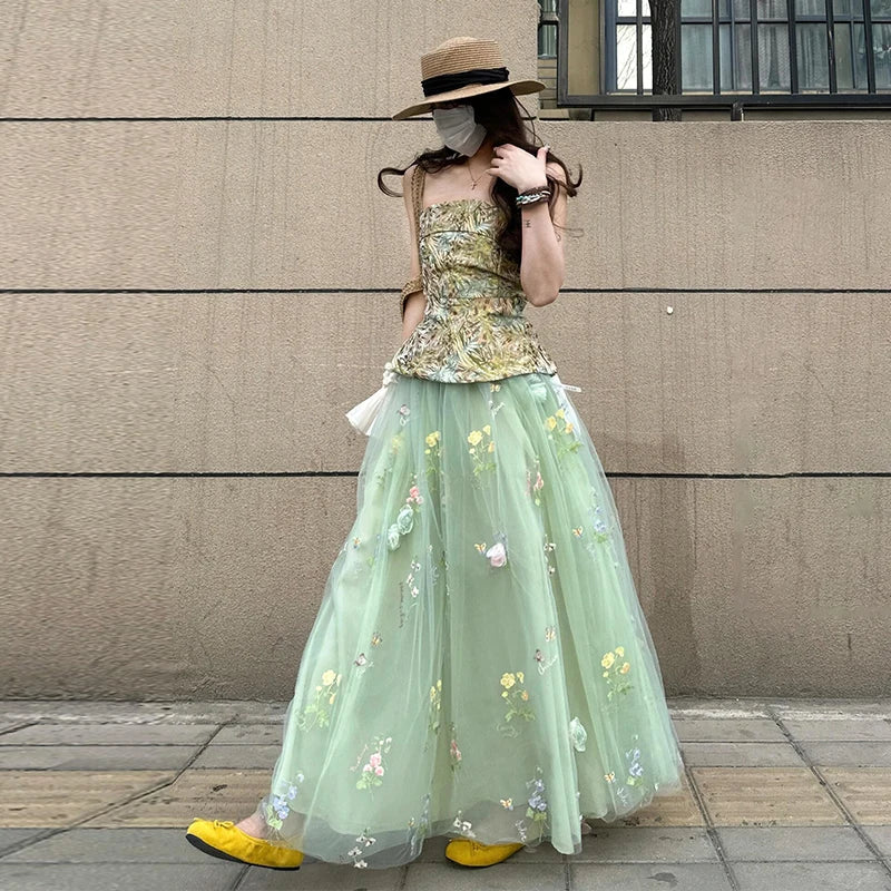 Aiertu  -  Summer stunning outfit set women's seaside vacation style floral strapless top green camisole dress two-piece set Aiertu
