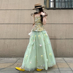Aiertu  -  Summer stunning outfit set women's seaside vacation style floral strapless top green camisole dress two-piece set Aiertu