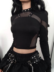 Aiertu - summer inspo Punk Style Metal Eyelet Black Long Sleve T Shirt Women Dark Academia Mesh Patchwork Chic Tee Halloween Streetwear Aiertu