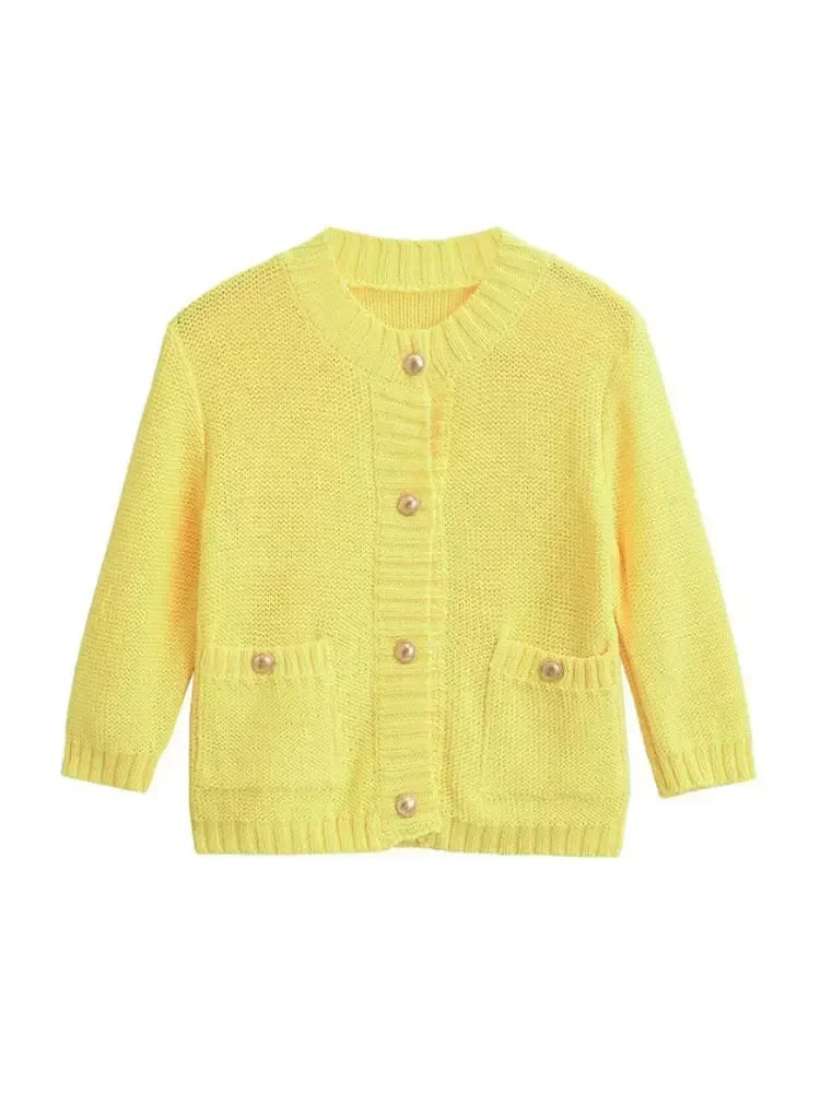 Aiertu  -  Fashion Yellow Single-breasted Round Neck Knitted Cardigan Women Chic Long Sleeve Pockets Sweater 2026 Autumn Street Knitwear Aiertu