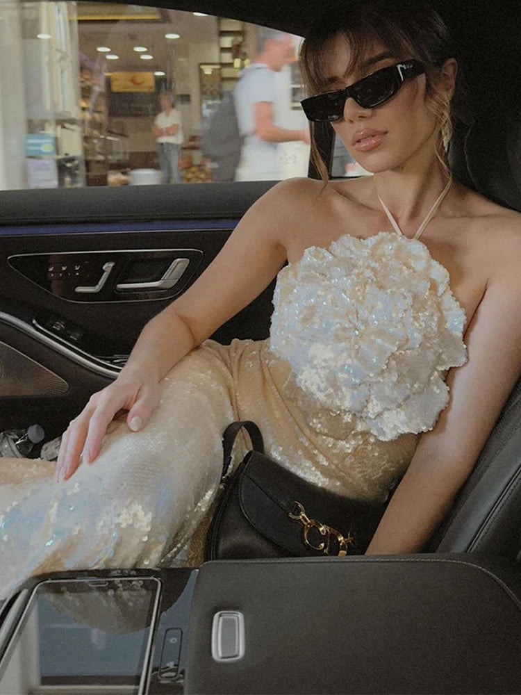 Aiertu  -  Elegant 3D Flower Dress Women Halter Sleeveless Backless Slim Hip Package Long Dresses Female Christmas Fashion Lady Robe Aiertu
