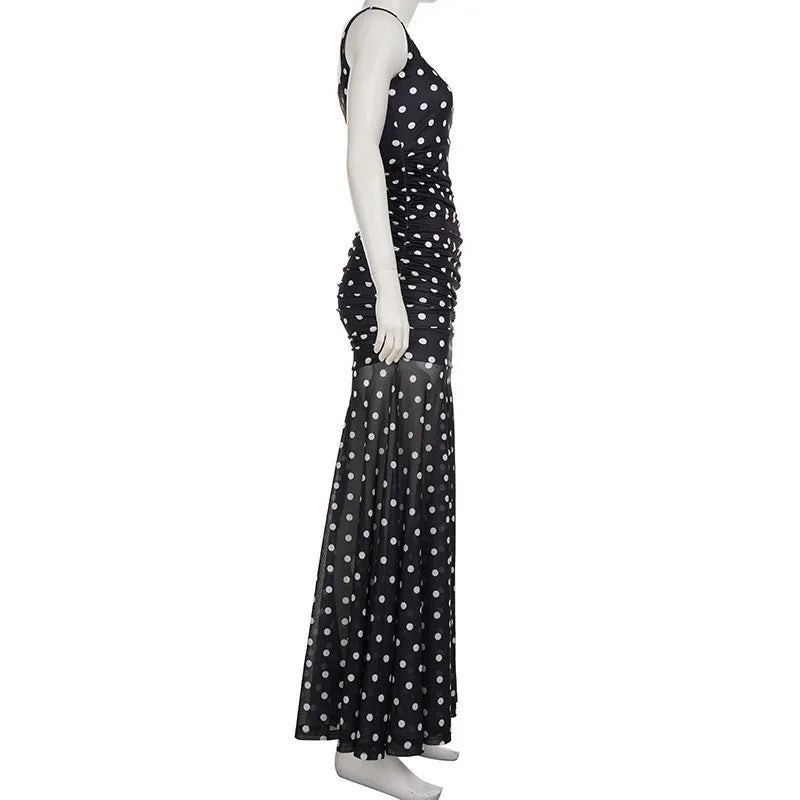 Aiertu  -  See Through Polka Dot Print Mesh Summer Dress French Style Elegant Square Neck Sleeveless Long Dresses P77-EG35 Aiertu