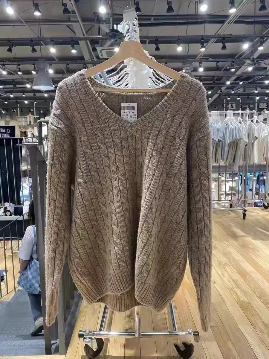 Aiertu  -  Autumn Winter Gray Twisted Flower Sweater Women Long Sleeve V Neck Knitted Pullover Preppy Style Vintage Casual Jumper 2025 New Aiertu