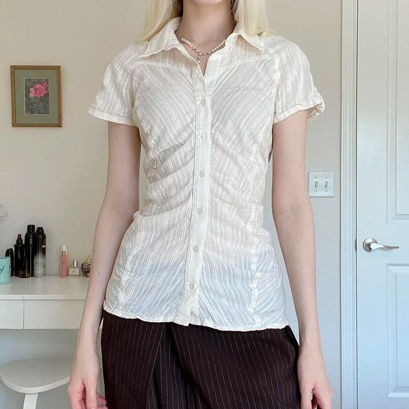 Aiertu  -  Fashion Chic Folds Summer Blouse Women Texture Stripe Buttons-Up Cardigan Shirt Korean French Tops Short Sleeve Basic Aiertu