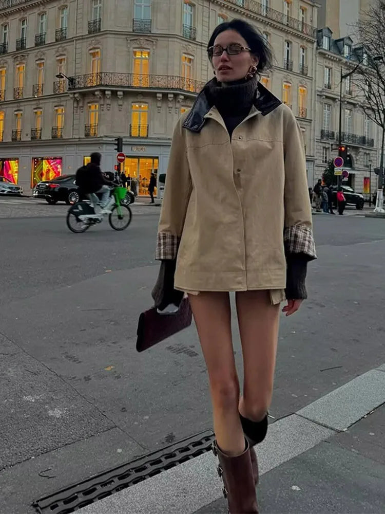 Aiertu  -  Patchwork Vintage Pu Jacket Women Loose Stand Collar Long Sleeve Button Khaki Coats Spring Chic Street Outwears Lady 2025 Aiertu