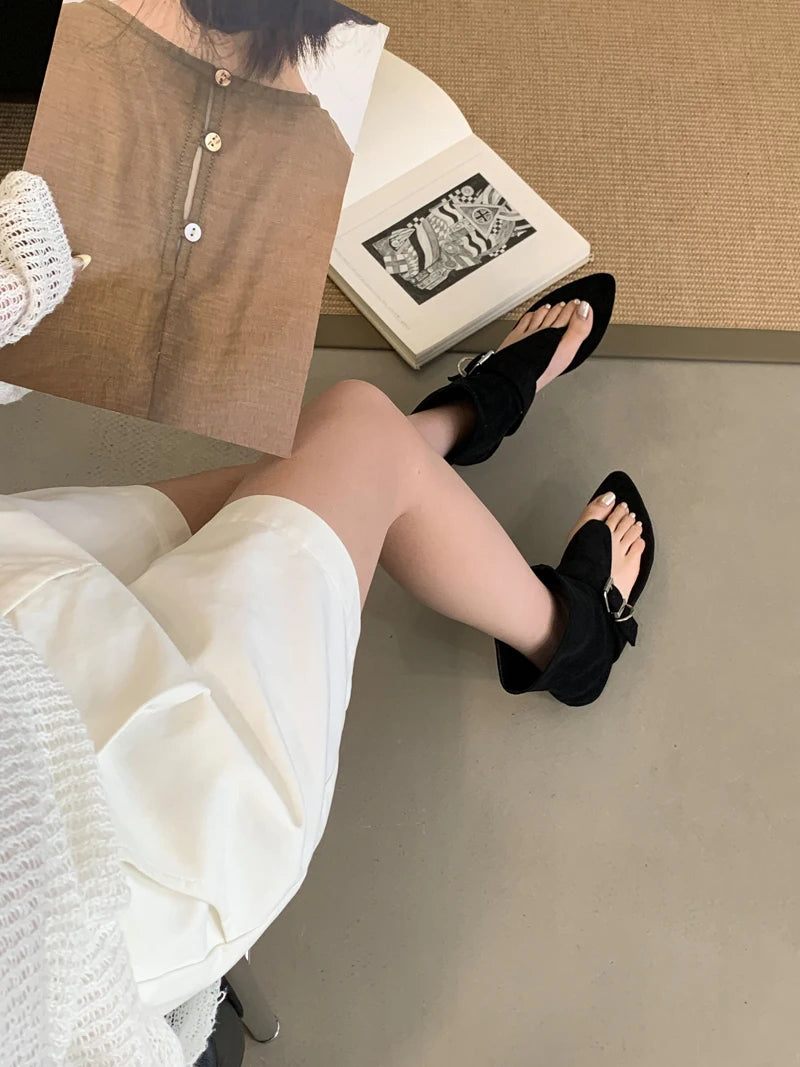 Aiertu    -  White Sandals Woman Thong Low Heels Ankle Boots Summer Ladies Shoes Punk Black Sandals Brown Flip Flops Sandales Femmes Aiertu