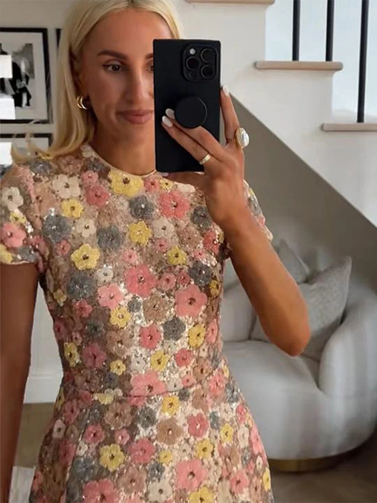 Aiertu  -  Chic Flower Mini Dress Women O-neck Short Sleeves High Waist A-line Dresses Female 2025 Spring Summer Fashion Floral Lady Robe Aiertu