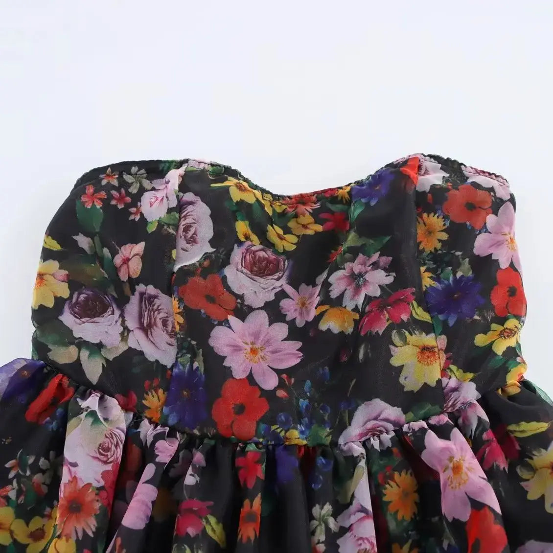 Aiertu  -  Sexy Women Black Flower Print Organza Strapless Dress Hem Ruched Swing BUD Party Skater Mini Short Robe Aiertu