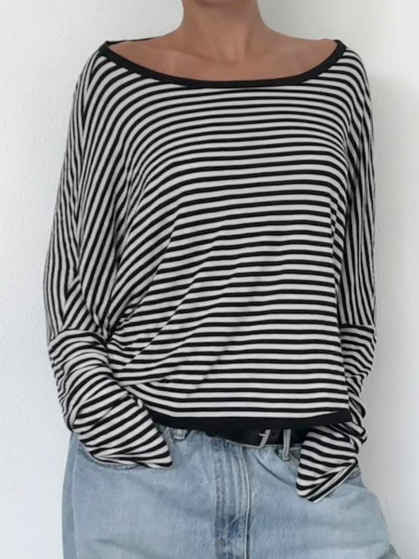 Aiertu - summer inspo Twist Backless Loose Casual Stripe Long Sleeve T Shirt Women Contrast Binding O Neck Minimalist Pullover Tops Aiertu