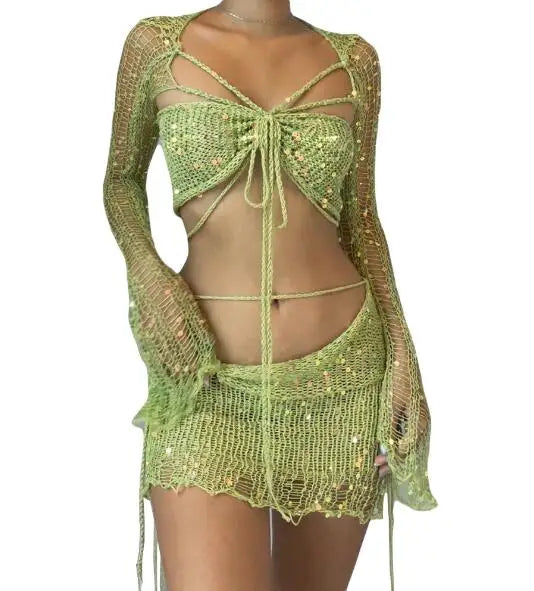 Aiertu  -  party look snspos 2024 Summer Women's Beaded Knitted 3-Piece Set Women's 2000 Sexy Sequined Knitted Party Dress 3-Piece Set Aiertu