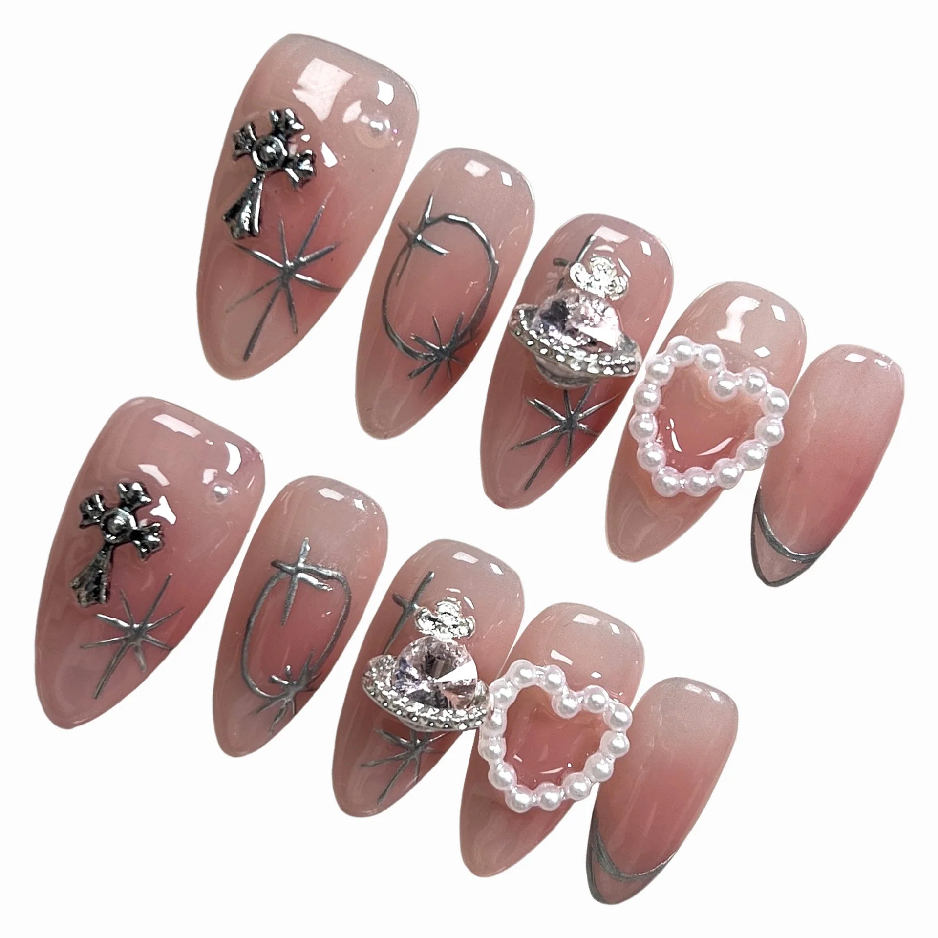 Aiertu 10pcs Blush Pink Fake Nail Patches Handmade Pearl Love Heart Press On Nails Planet Cross Designs Detachable Almond Aiertu