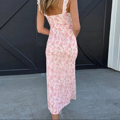 Aiertu  -  Sweet Sexy V Neck Floral Print Long Dress Female Casual Streetwear Backless Dresses Lace Patchwork High Waist Summer Party Dress Aiertu