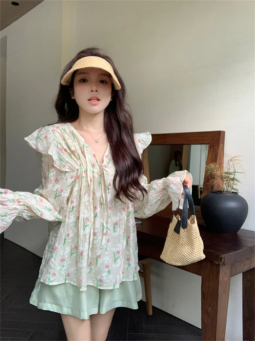 Aiertu  -  Autumn Chic Sweet Blouses Women Printed Full Sleeve New V-Neck Slim Loose Daily Elegant Office Lady Florals Aiertu