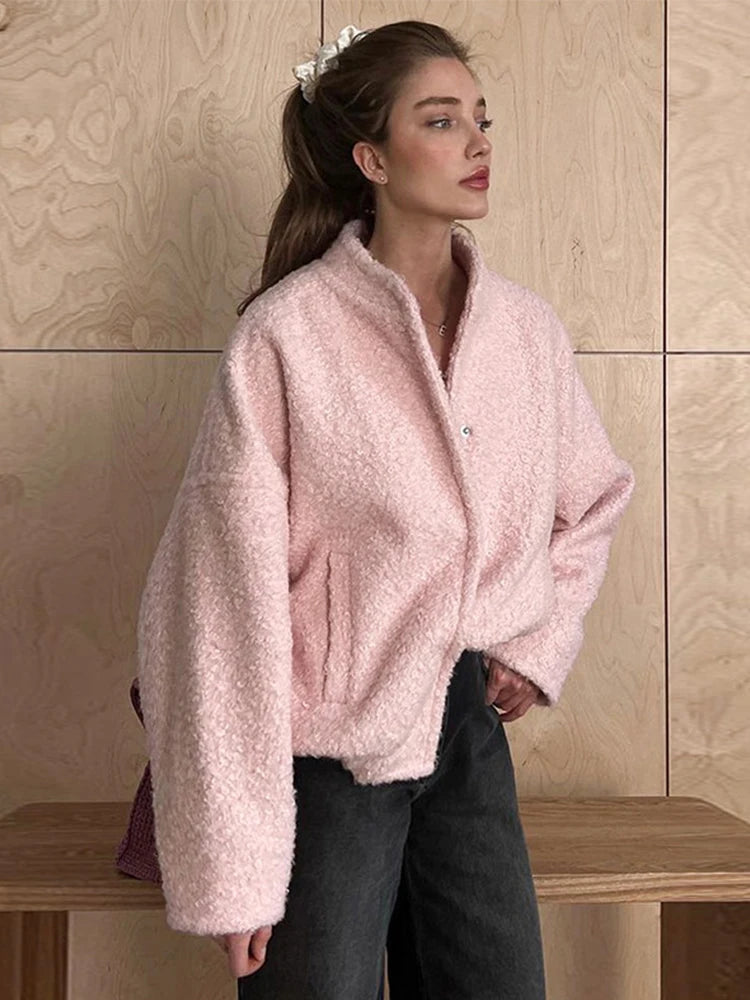 Aiertu  -  Woman Fashion Loose Pink Warm Coats 2026 Autumn New Casual Oversized Bomber Jacket Girls Vintage Thick Warm Outwear Aiertu