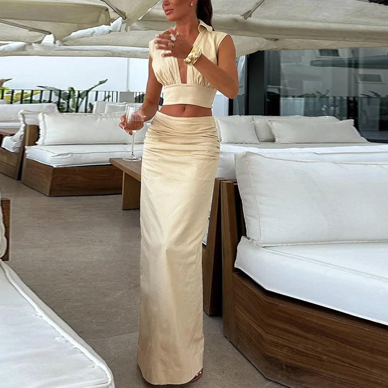 Aiertu  -  Women Sleeveless Lapel Deep V Top Skirt Suit Back Slit Maxi Dress Sexy Khaki High-waisted Casual Skirt 2026 Summer New Aiertu