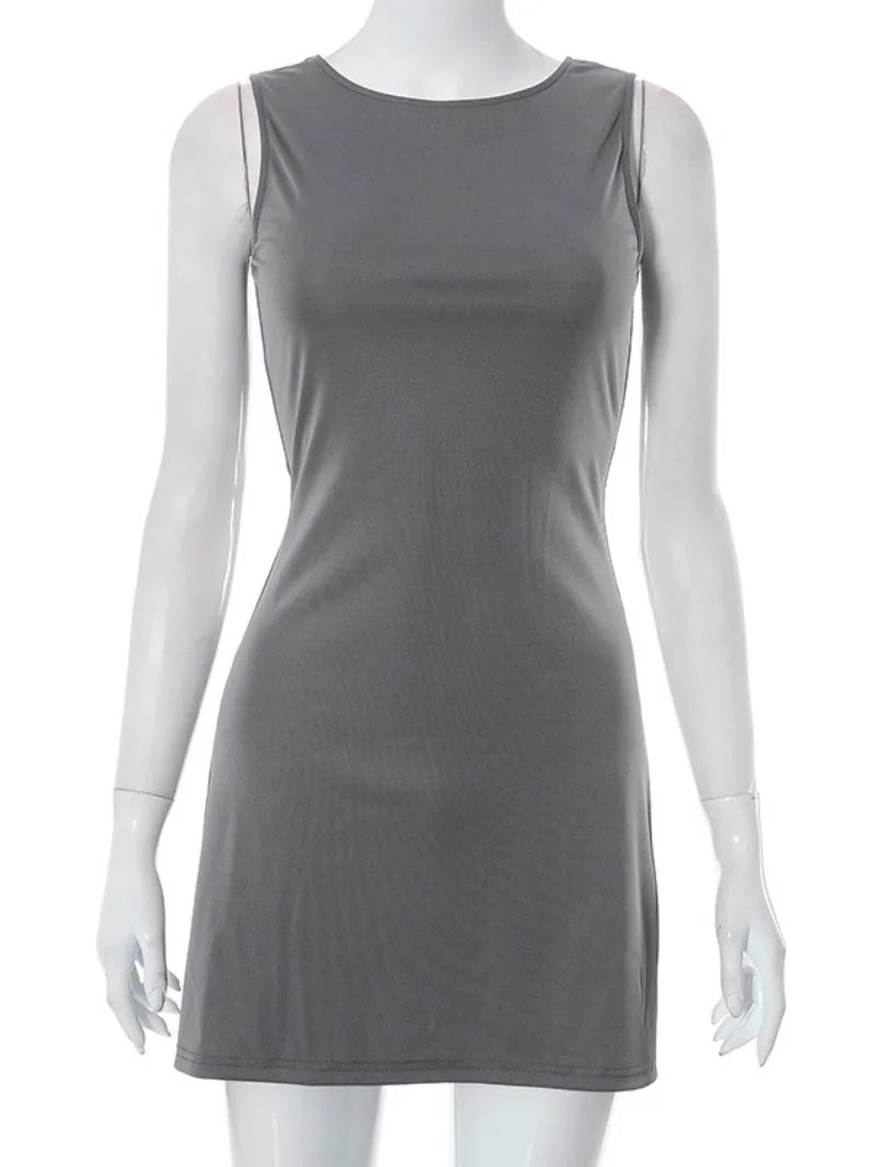 Aiertu  -  Fashion Casual O-neck Sleeveless Solid Gray Short Dresses for Women 2026 Sexy Female High Waist Slit Fit Tank Dress Streetwear Aiertu
