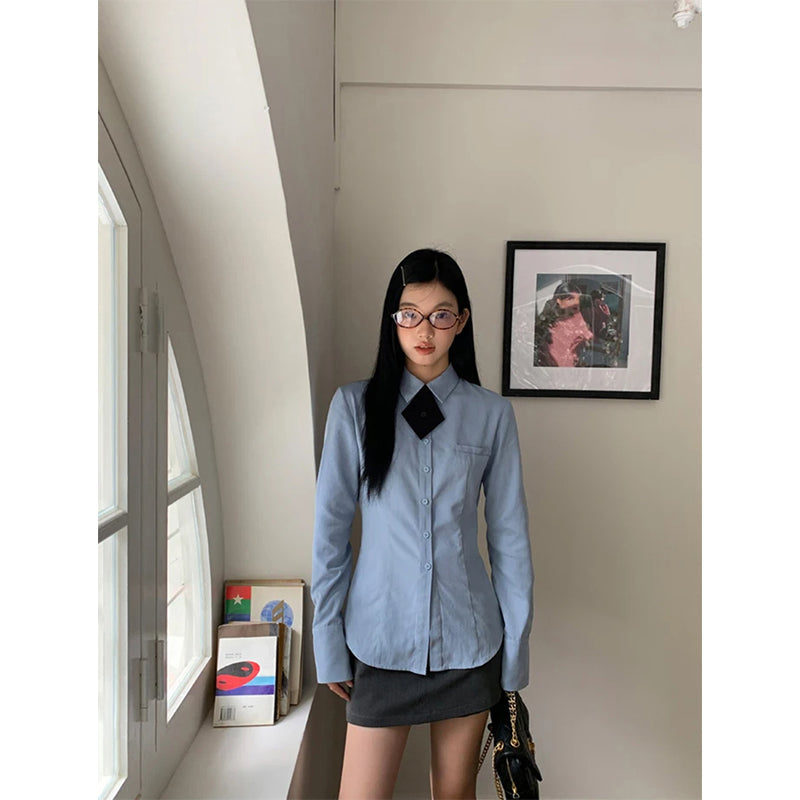 Aiertu Harajuku with Tie Shirts Women Japanese Preppy Blue Long Sleeve Blouses Spring Summer Korean Fashion Basic Slim Chic Tops Aiertu