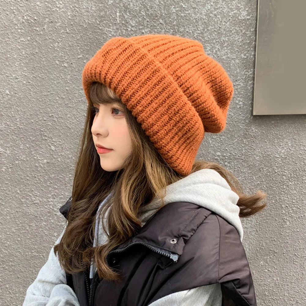 Aiertu  -  Winter Knitted Hat Women Korean Fashion Solid Outdoor Warm Beanies All-match Casual Elastic Comfortable Cap Aiertu