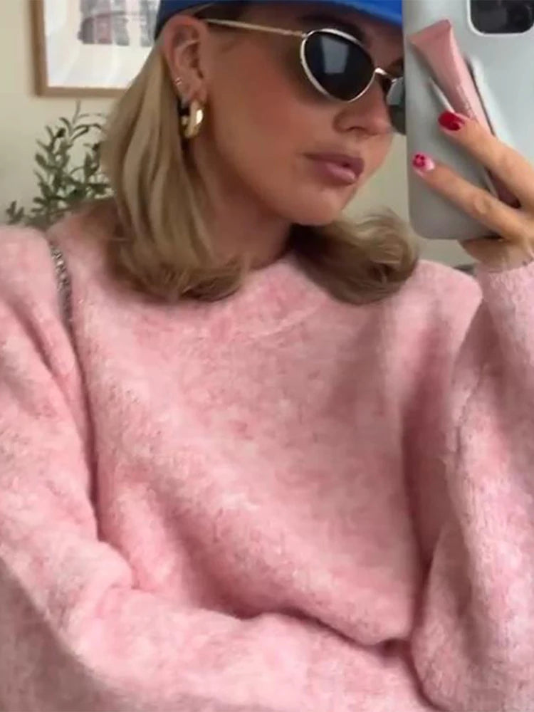 Aiertu  -  Elegant Knit Solid Women Pullover Loose Full Sleeve O Neck Female Sweater 2024 Autumn Fashion Pink All Match Lady Knitwear Aiertu