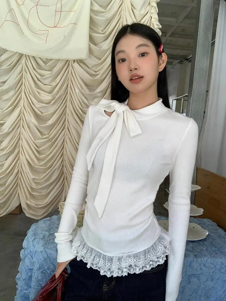 Aiertu       -  Fairycore T-shirt Woman Long Sleeve Lace Up Bow Tees Female Clothing 2000s Clothes Y2k Solid Autumn Tops Casual T Shirt Aiertu
