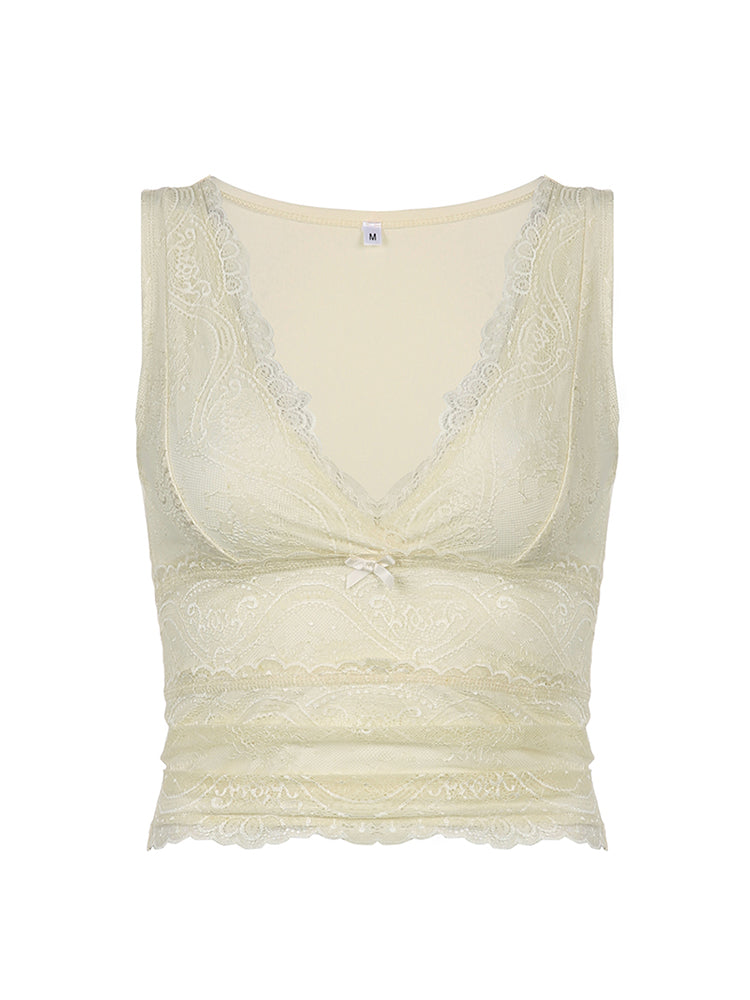 Aiertu - summer inspo Solid Sleeveless Two Layer Lace V Neck Slim Y2K Crop Top Women Cute Basic Summer Vest Aiertu