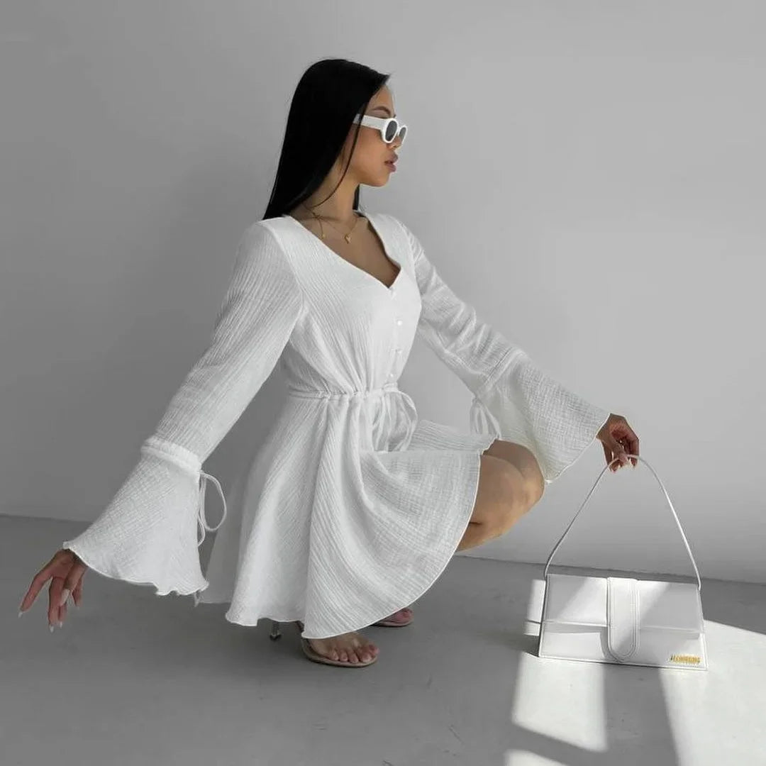Aiertu  -  Cotton Pleated Women Jumpsuit with Button V-neck Drawstring High Waist Flared Sleeve Casual Rompers Commuter Strappy Jumpsuit Aiertu