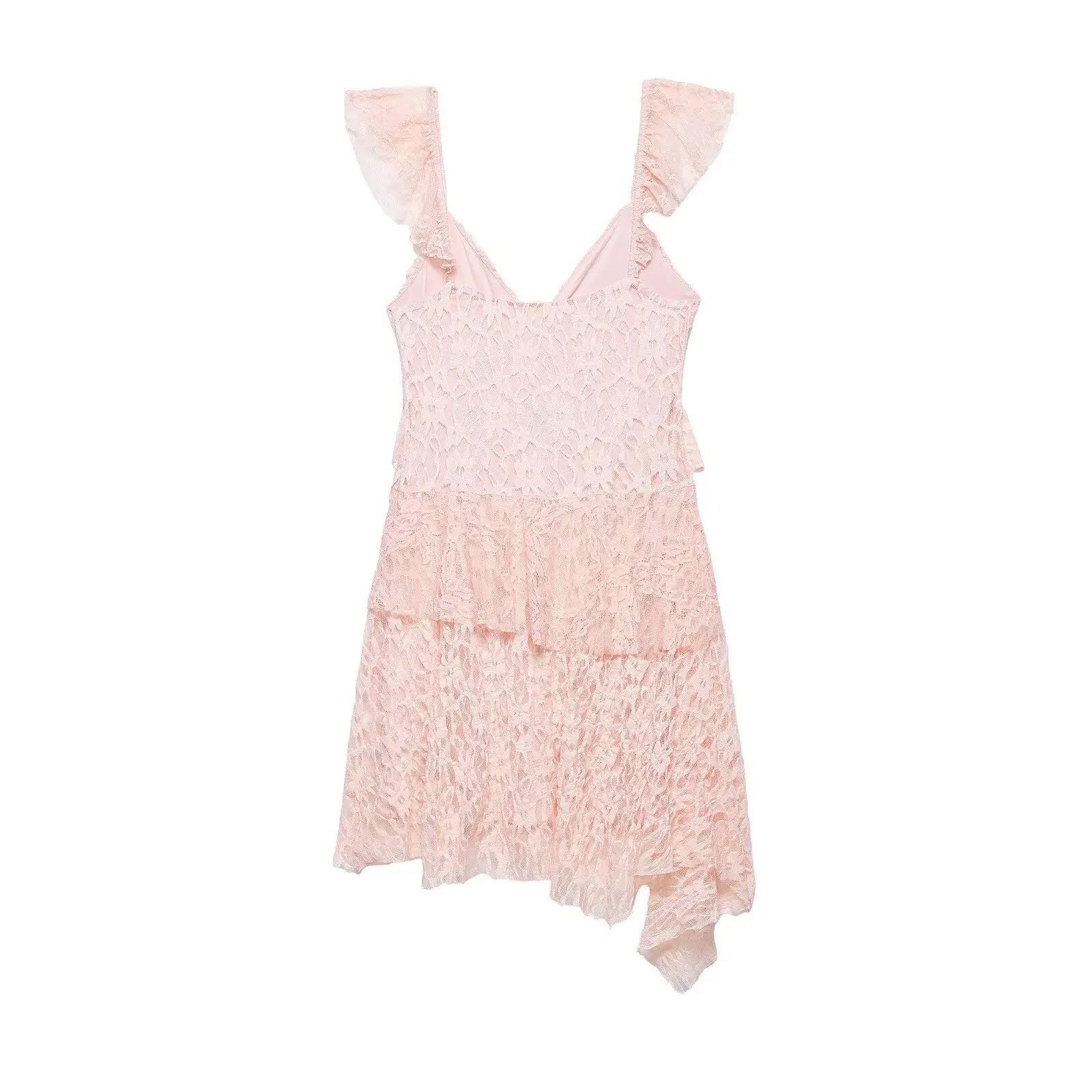AIERTU  -  Women Sexy Pink Lace Dress V Neck Ruffle Sleeveless Mini Dress Summer Layered Mesh Dress Party Night Clubwear Fairy Dress Aiertu