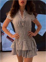 AIERTU  -  New Woman Spring Fashion Comfortable Short Sleeves Lapel Layered Decoration Plaid Short Dress Female Casual Outing Dress Aiertu