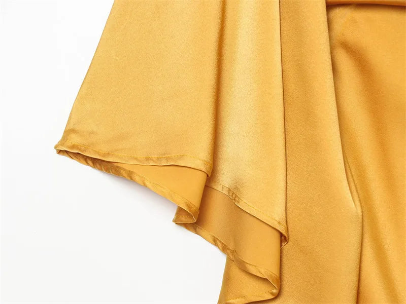 AIERTU  -  Satin One Shoulder Midi Dress Women Elegant Yellow Asymmetrical Ruched Draped Dress Chic Belted Sleeveless Luxury Party Vestidos Aiertu